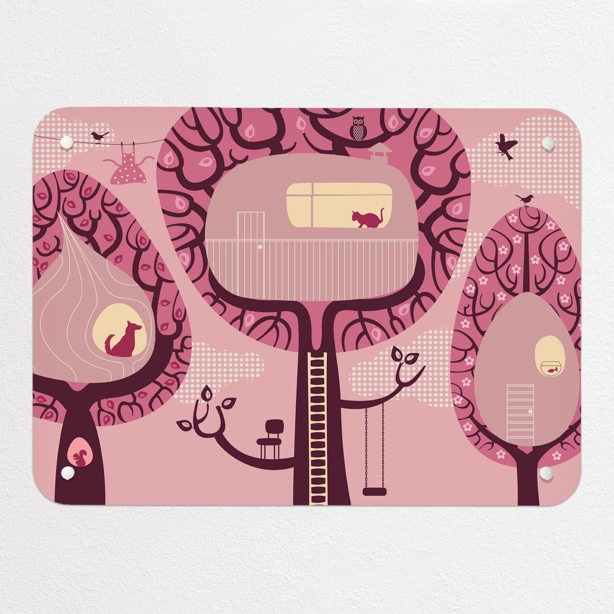 Tree Houses magnetic notice board in pink, small size, 55 × 40 cm