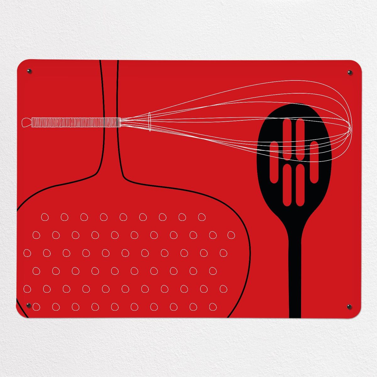 Utensils magnetic notice board in red, large size, 100 × 75 cm