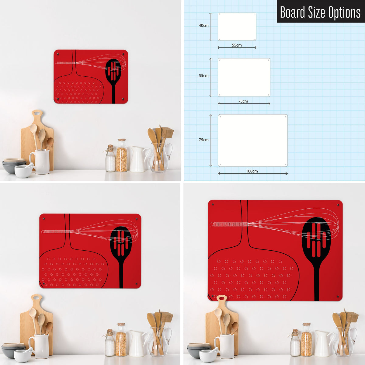 Utensils magnetic notice board in red shown in small, medium and large, with the measurements of each