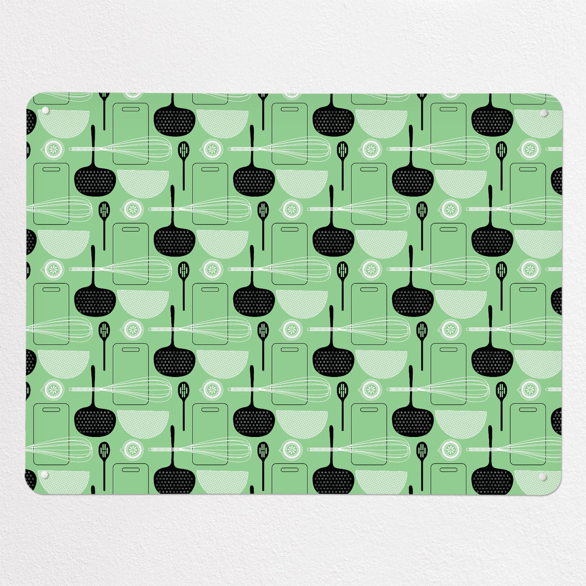 Utensils Repeat Pattern magnetic notice board in Green, large size, 100 × 75 cm
