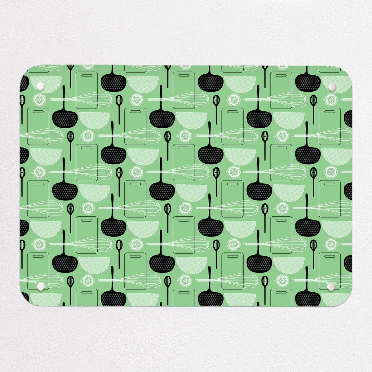 Utensils Repeat Pattern magnetic notice board in Green, small size, 55 × 40 cm