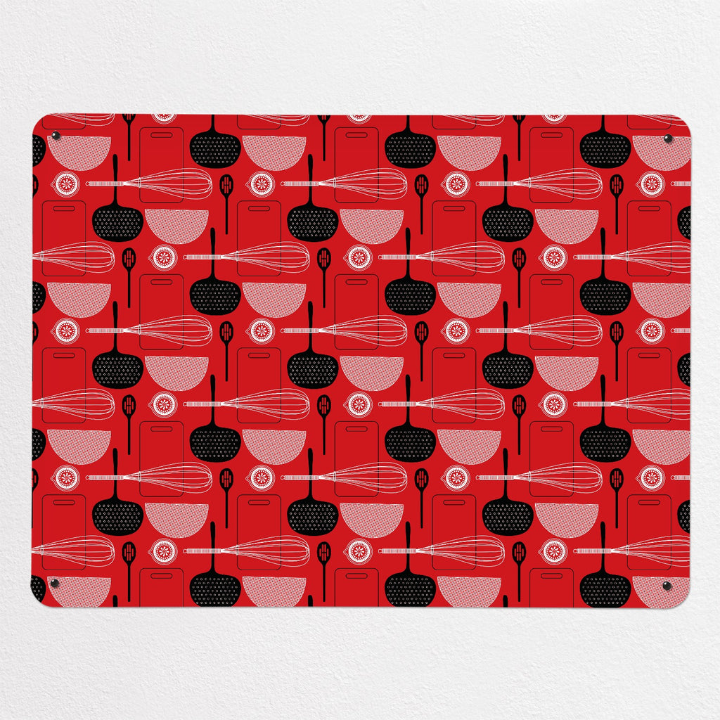 Utensils Repeat Pattern magnetic notice board in Red, large size, 100 × 75 cm