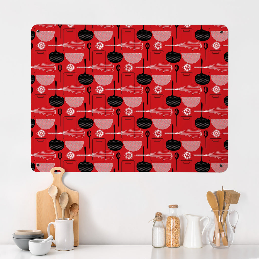 Utensils Repeat Pattern magnetic notice board in Red on a kitchen wall