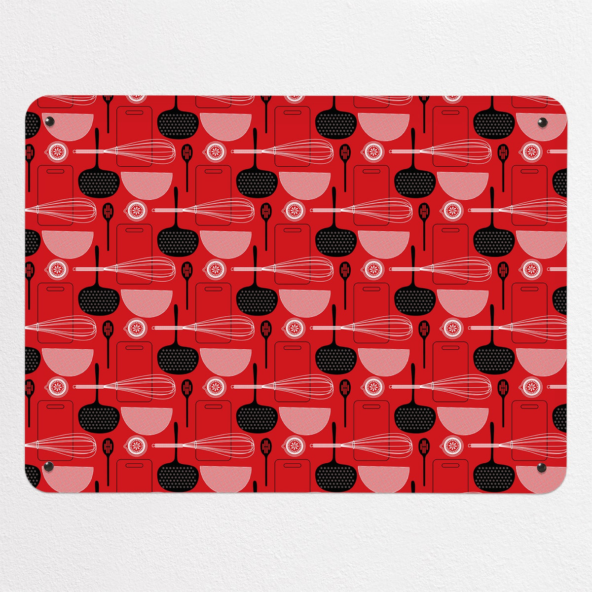 Utensils Repeat Pattern magnetic notice board in Red, medium size, 75 × 55 cm
