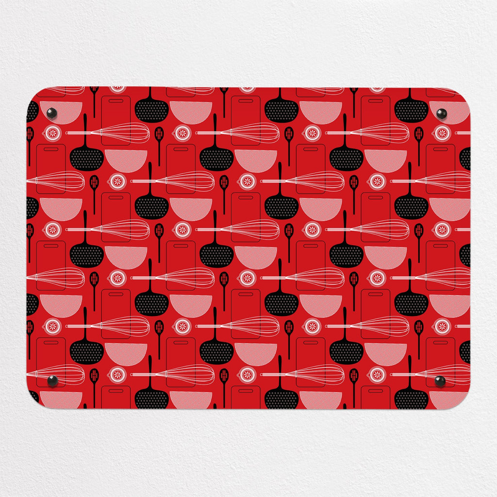 Utensils Repeat Pattern magnetic notice board in Red, small size, 55 × 40 cm
