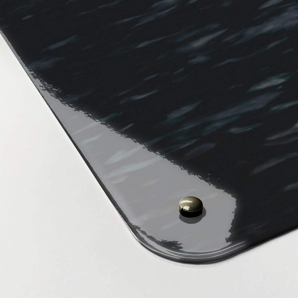 Close-up of the corner of the Waterfall magnetic notice board, showing the gloss finish and a screw cap