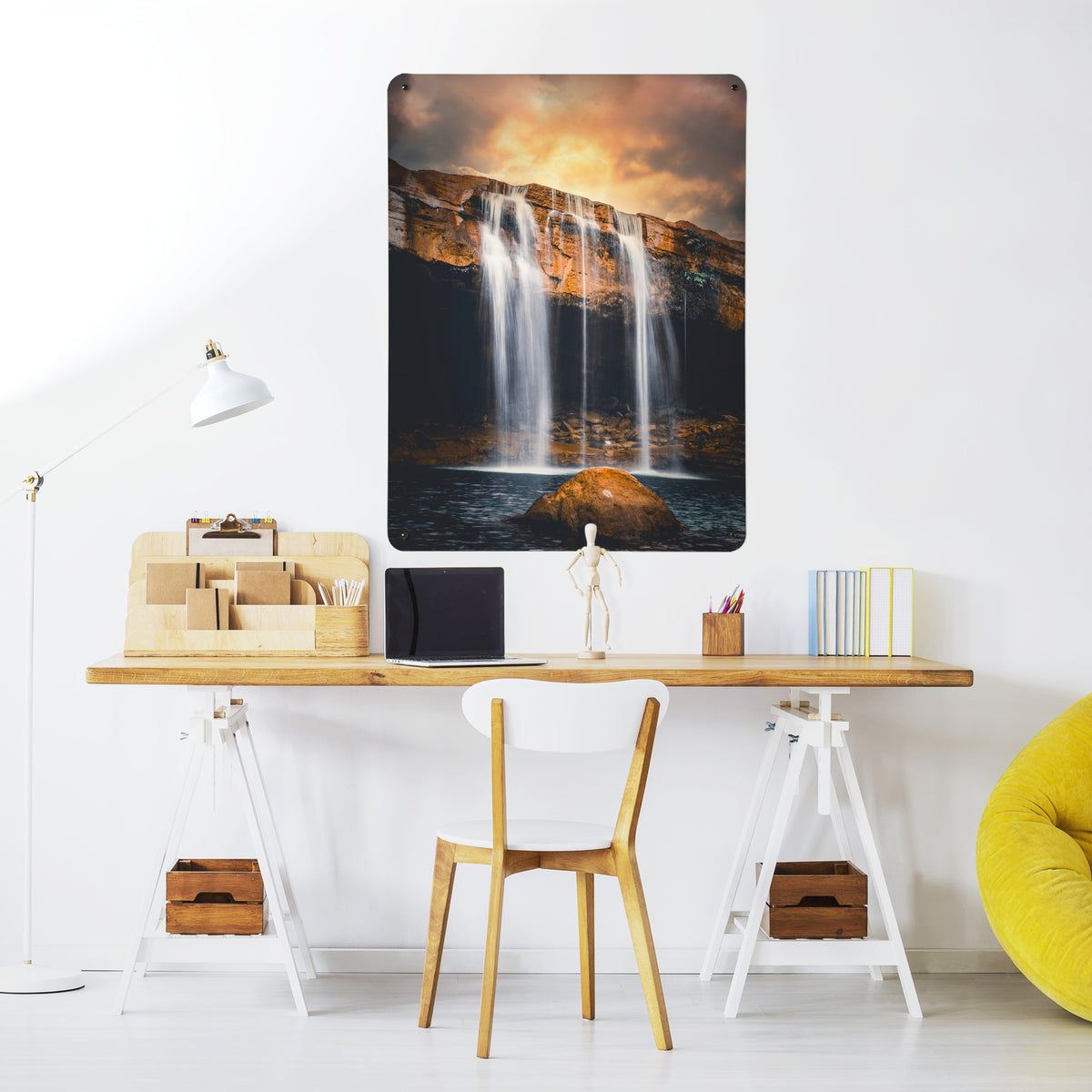 Waterfall magnetic notice board above a desk in a home office