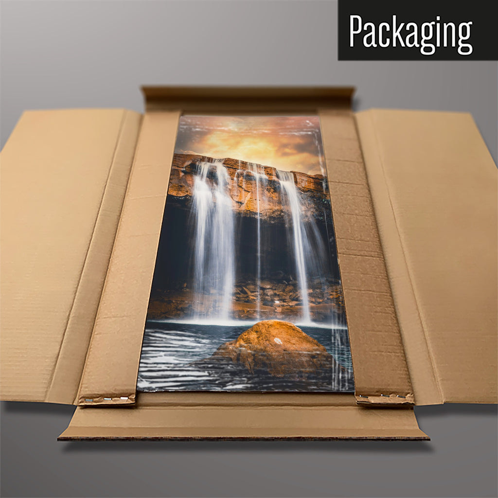 The Waterfall magnetic notice board packed flat in its cardboard box