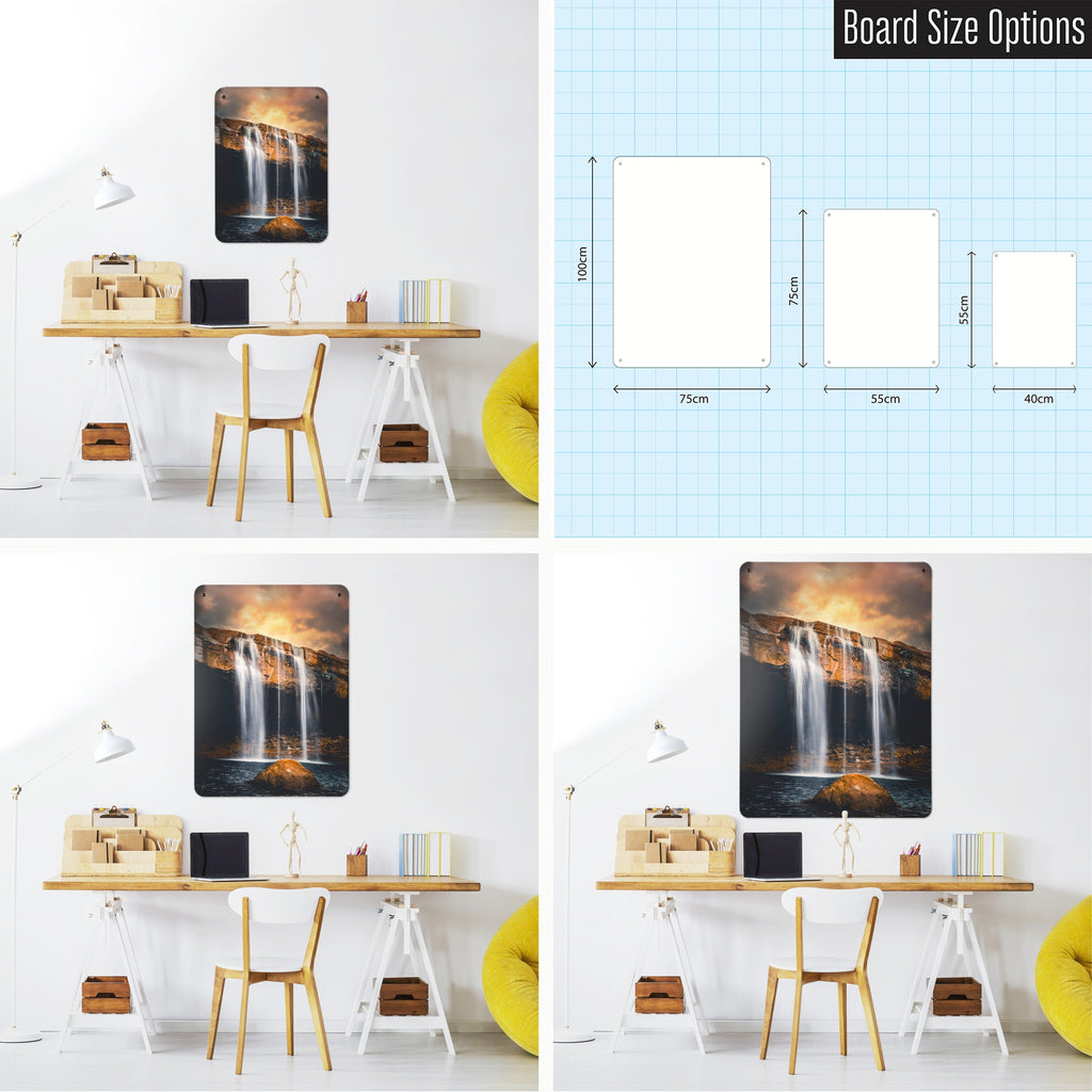 Waterfall magnetic notice board shown in small, medium and large, with the measurements of each
