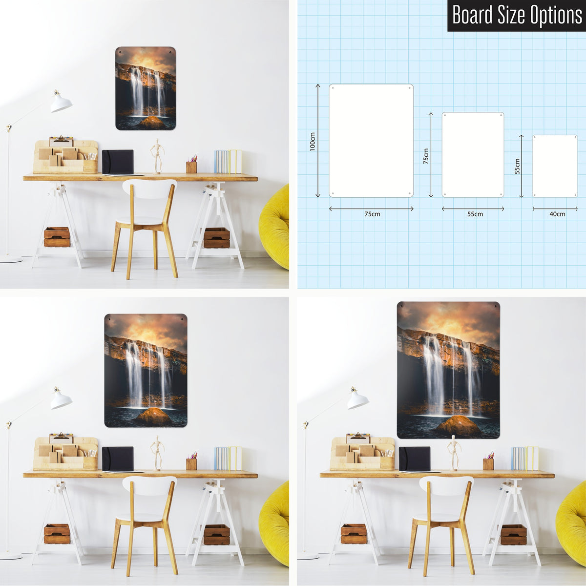 Waterfall magnetic notice board shown in small, medium and large, with the measurements of each