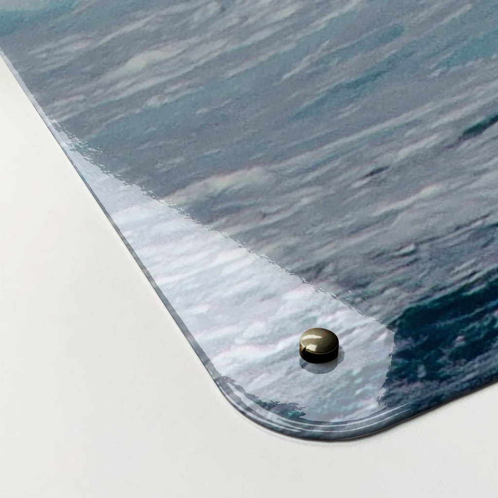 Close-up of the corner of the Wave magnetic notice board, showing the gloss finish and a screw cap