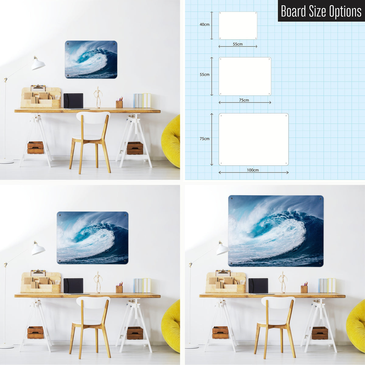 Wave magnetic notice board shown in small, medium and large, with the measurements of each