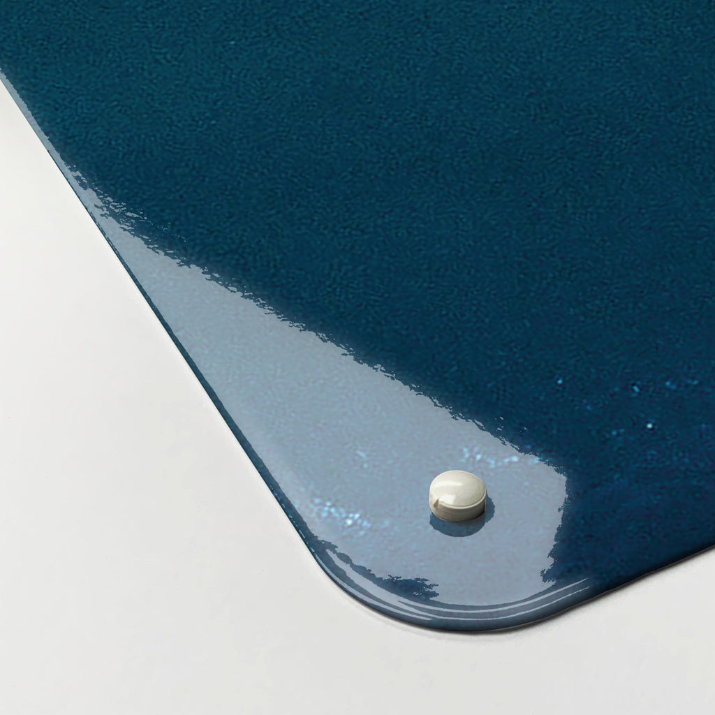 Close-up of the corner of the Waves On The Shore magnetic notice board, showing the gloss finish and a screw cap