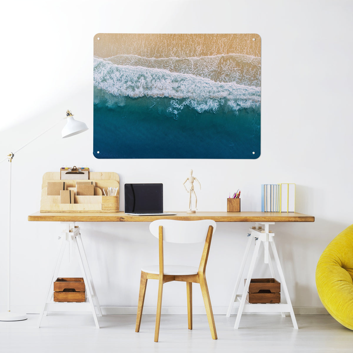 Waves On The Shore magnetic notice board above a desk in a home office