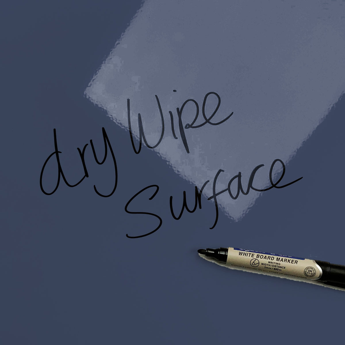 The words dry wipe surface written in marker pen on the Whale magnetic notice board