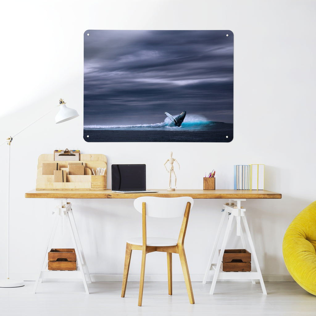 Whale magnetic notice board above a desk in a home office