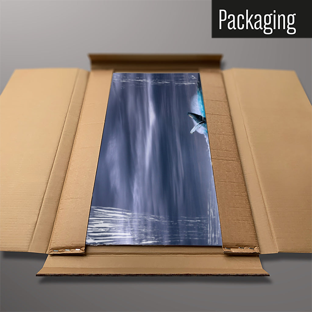 The Whale magnetic notice board packed flat in its cardboard box