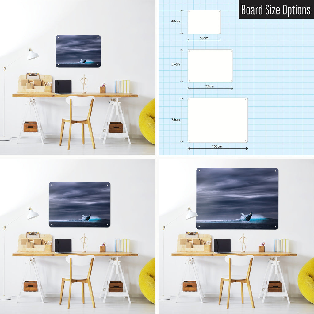 Whale magnetic notice board shown in small, medium and large, with the measurements of each