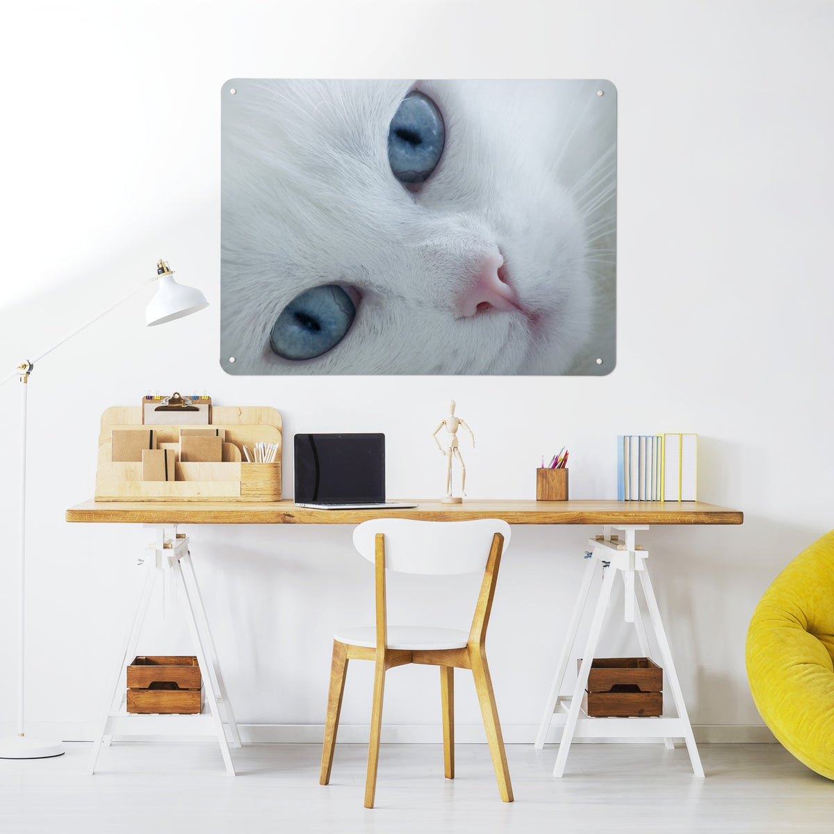 White Cat magnetic notice board above a desk in a home office