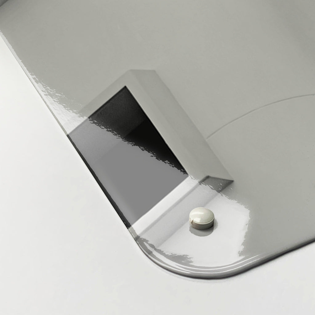 Close-up of the corner of the Window Pattern magnetic notice board, showing the gloss finish and a screw cap