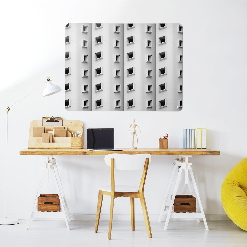 Window Pattern magnetic notice board above a desk in a home office