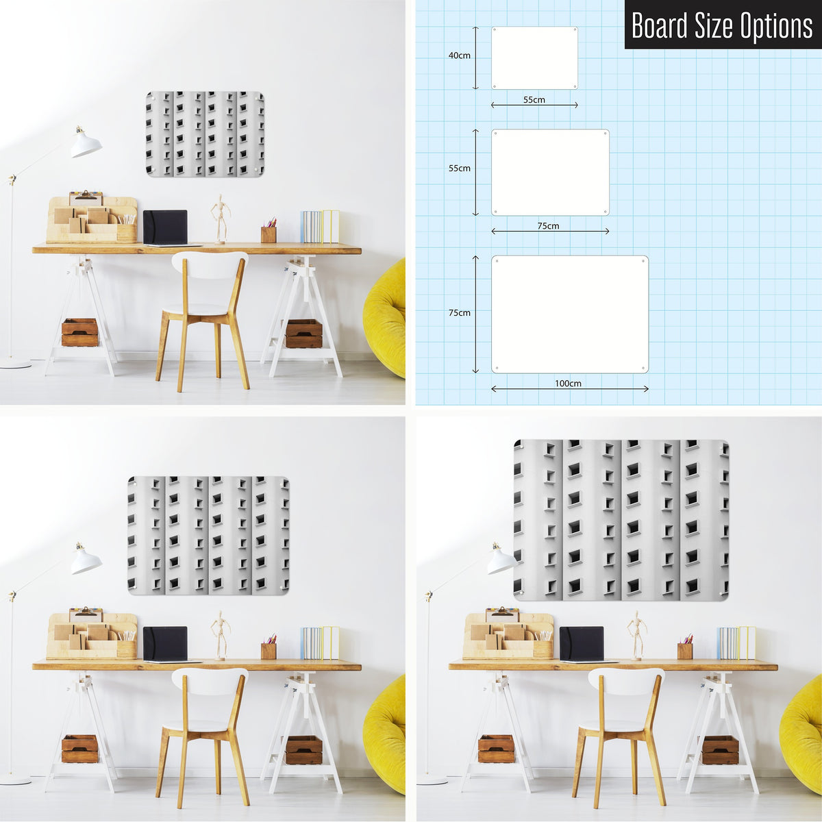 Window Pattern magnetic notice board shown in small, medium and large, with the measurements of each