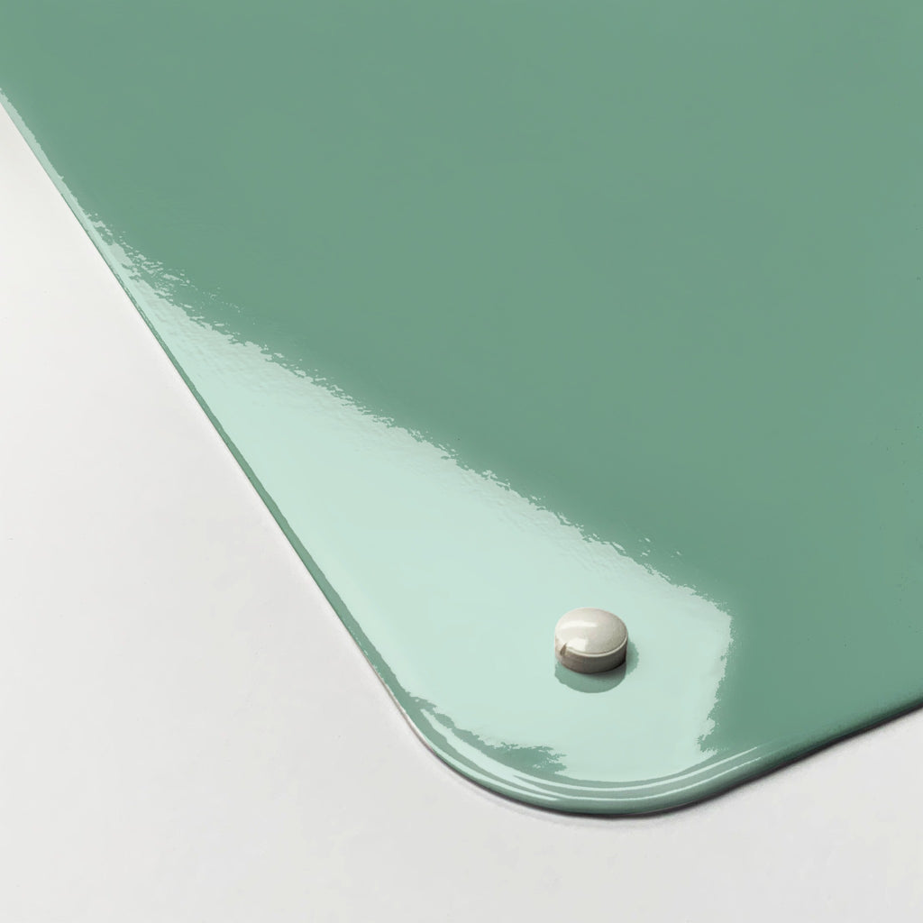 Close-up of the corner of the Wise Owl Number Square magnetic notice board in Wise Owl Number Square, showing the gloss finish and a screw cap