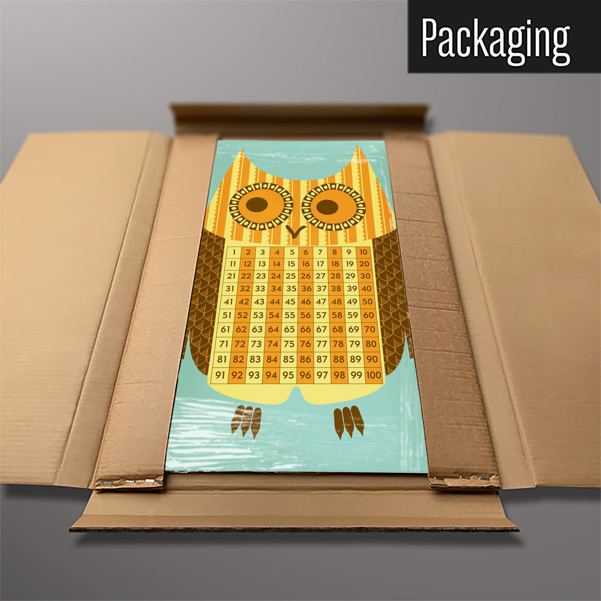 The Wise Owl Number Square magnetic notice board in Wise Owl Number Square packed flat in its cardboard box