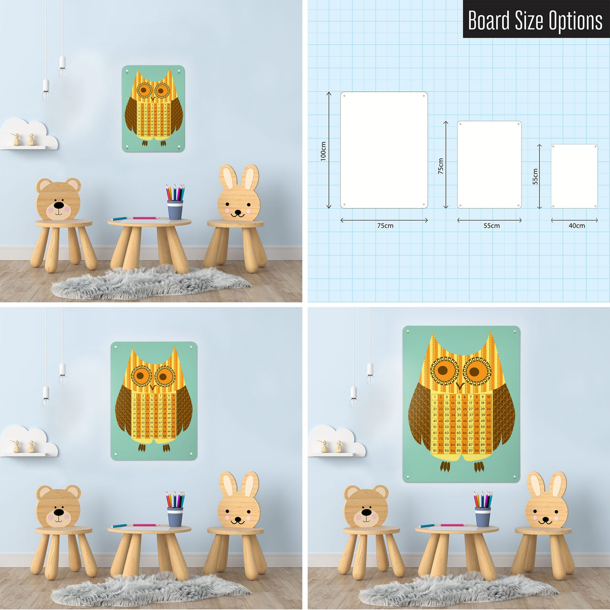 Wise Owl Number Square magnetic notice board in Wise Owl Number Square shown in small, medium and large, with the measurements of each