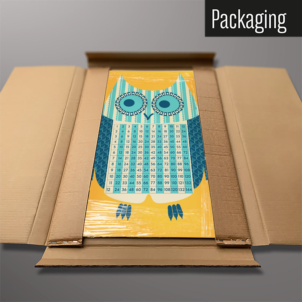 The Wise Owl Times Tables magnetic notice board in 'Wise Owl - Times Tables' packed flat in its cardboard box