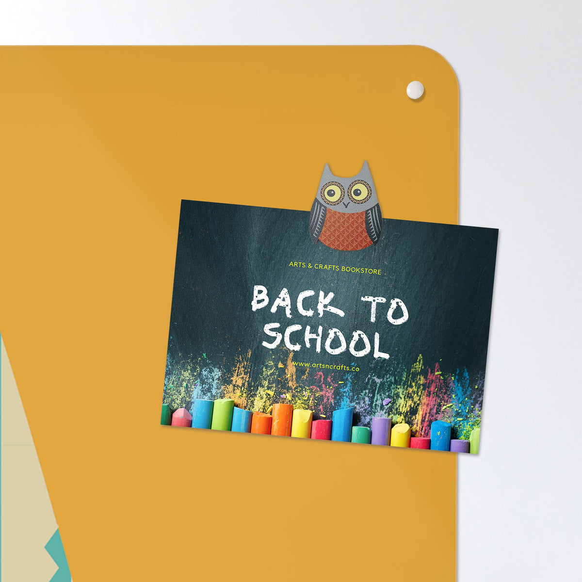A postcard held by a fridge magnet on the Wise Owl Times Tables magnetic notice board in 'Wise Owl - Times Tables'