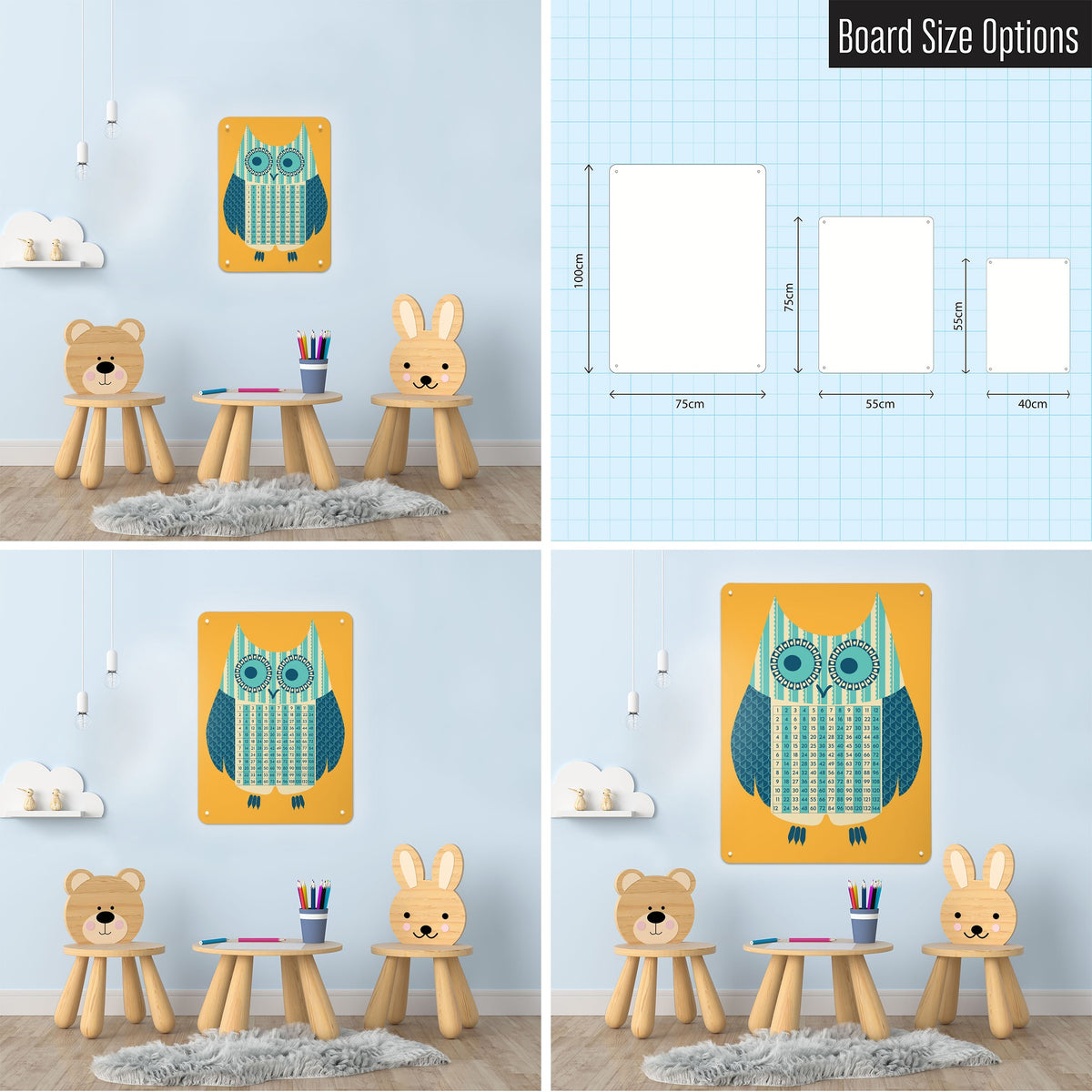 Wise Owl Times Tables magnetic notice board in 'Wise Owl - Times Tables' shown in small, medium and large, with the measurements of each