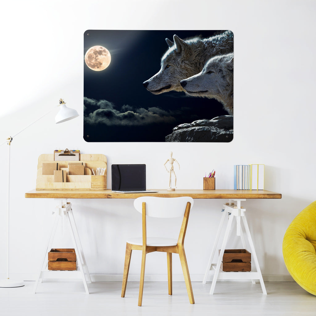 Wolves Under The Moon magnetic notice board above a desk in a home office