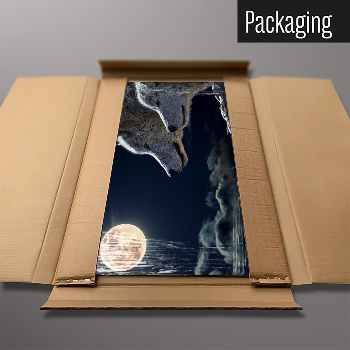 The Wolves Under The Moon magnetic notice board packed flat in its cardboard box
