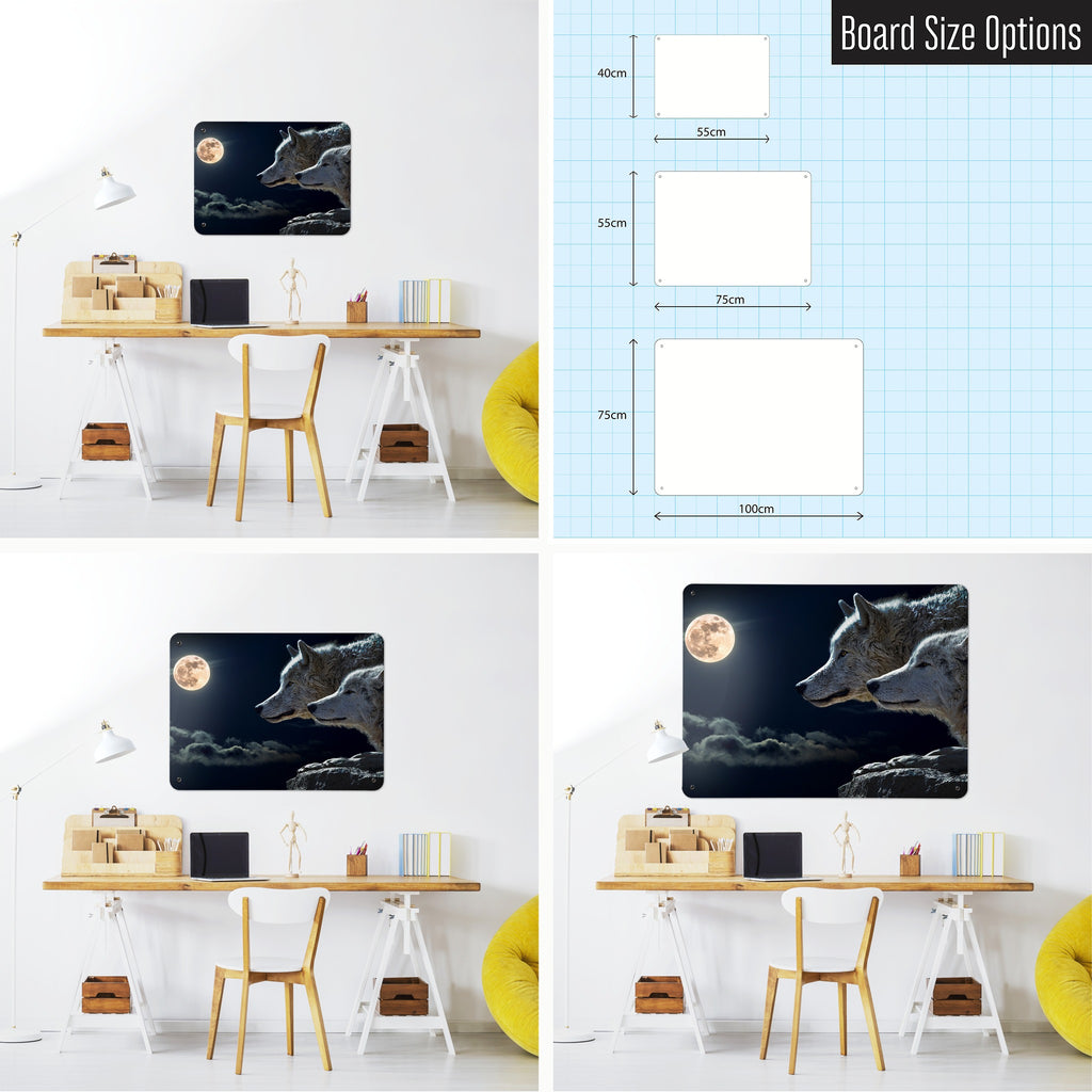 Wolves Under The Moon magnetic notice board shown in small, medium and large, with the measurements of each