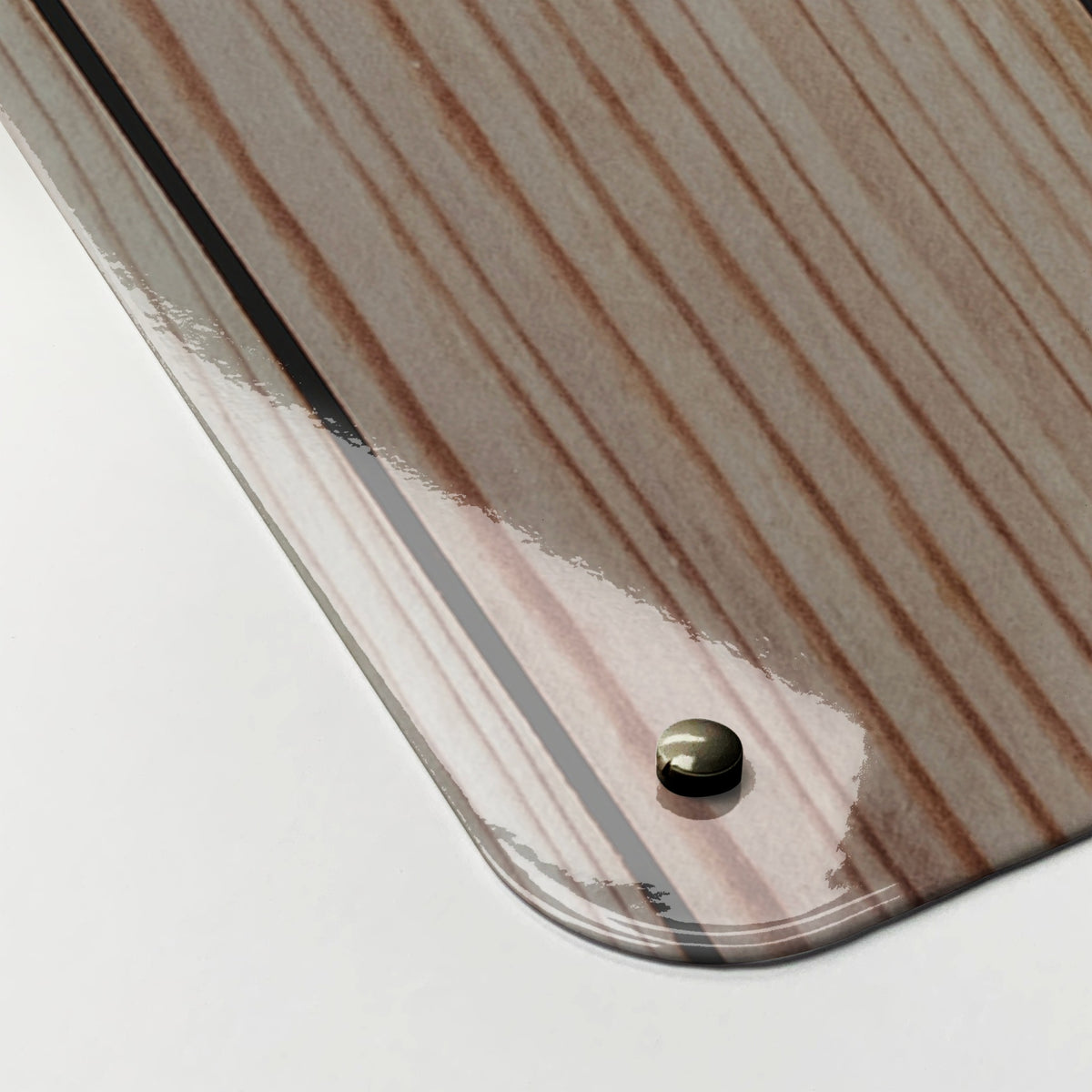 Close-up of the corner of the Wood Cladding magnetic notice board, showing the gloss finish and a screw cap