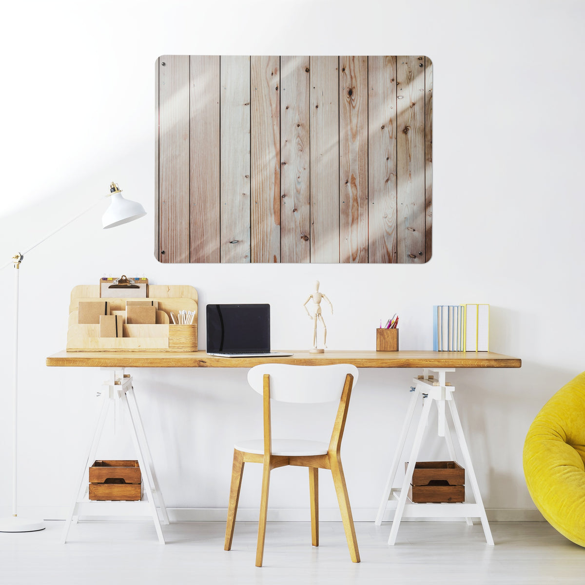 Wood Cladding magnetic notice board above a desk in a home office