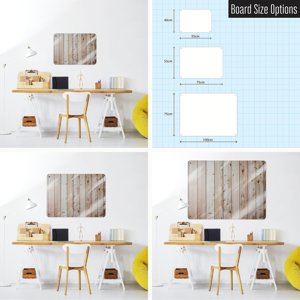 Wood Cladding magnetic notice board shown in small, medium and large, with the measurements of each