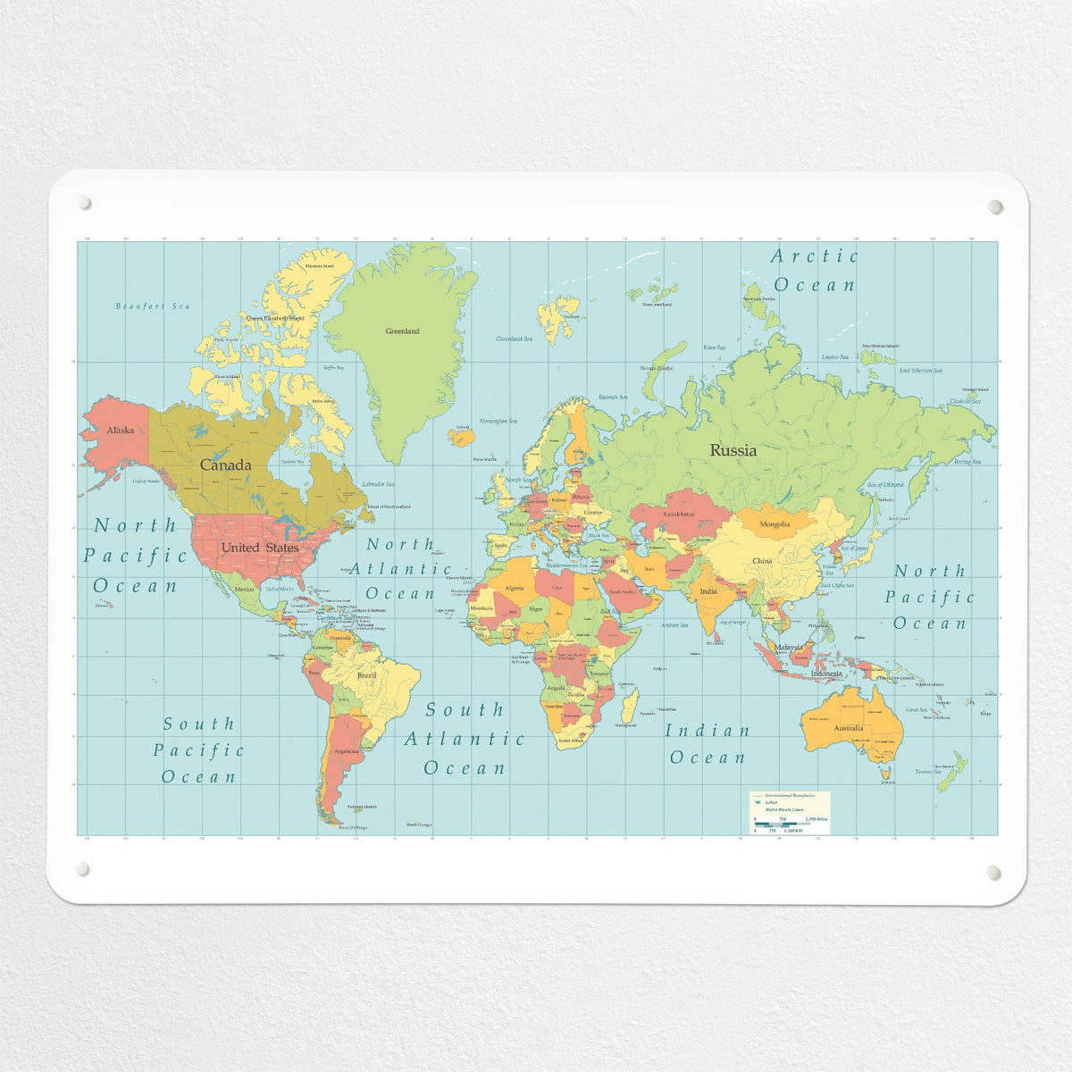 World Map magnetic notice board, large size, 100 × 75 cm