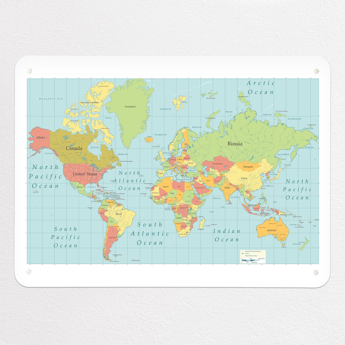 World Map magnetic notice board, medium size, 75 × 55 cm