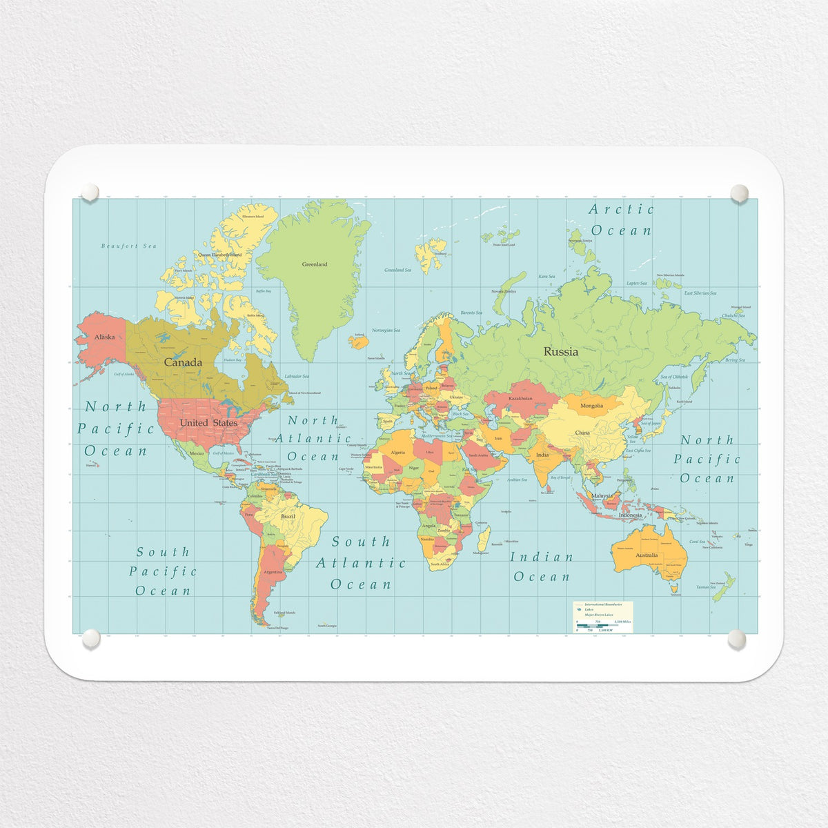 World Map magnetic notice board, small size, 55 × 40 cm