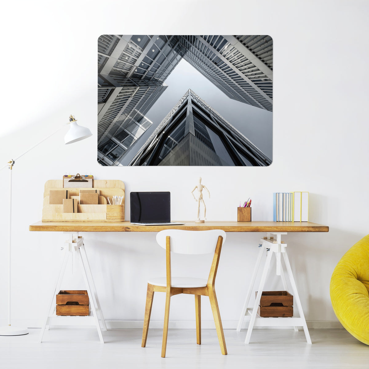 Zurich Skyscrapers magnetic notice board above a desk in a home office