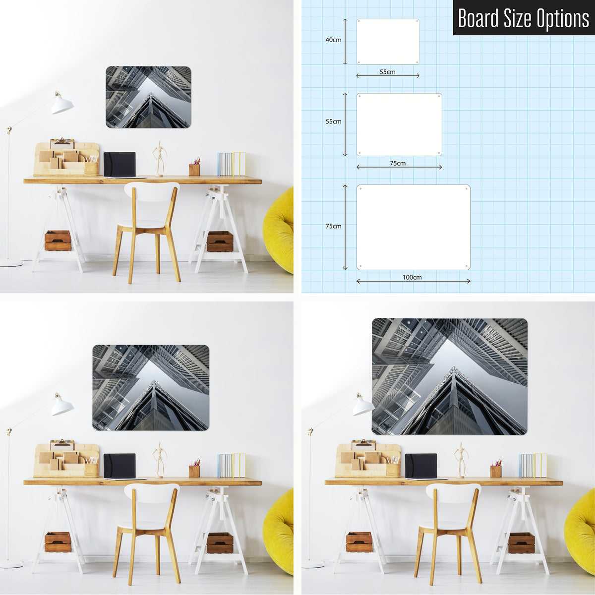 Zurich Skyscrapers magnetic notice board shown in small, medium and large, with the measurements of each