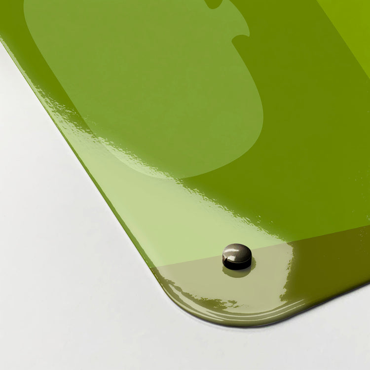 The corner detail of a ten green bottles design magnetic board to show it’s high gloss surface