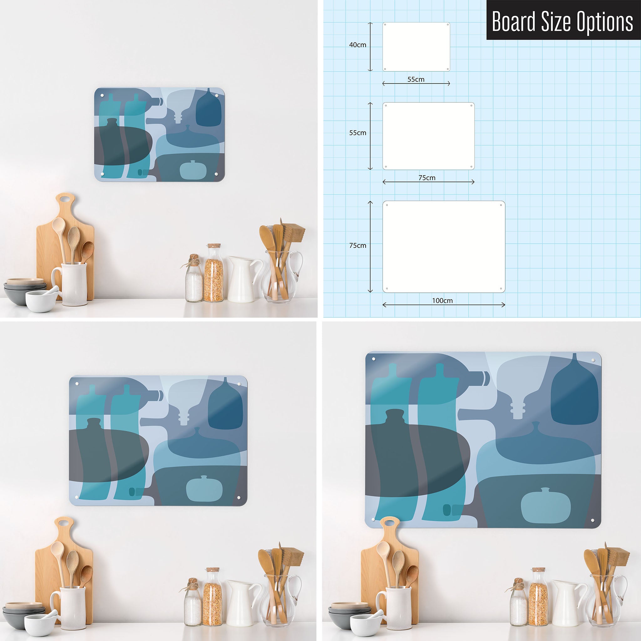 Three photographs of a workspace interior and a diagram to show size comparisons of a ten bottles design in blue magnetic notice board