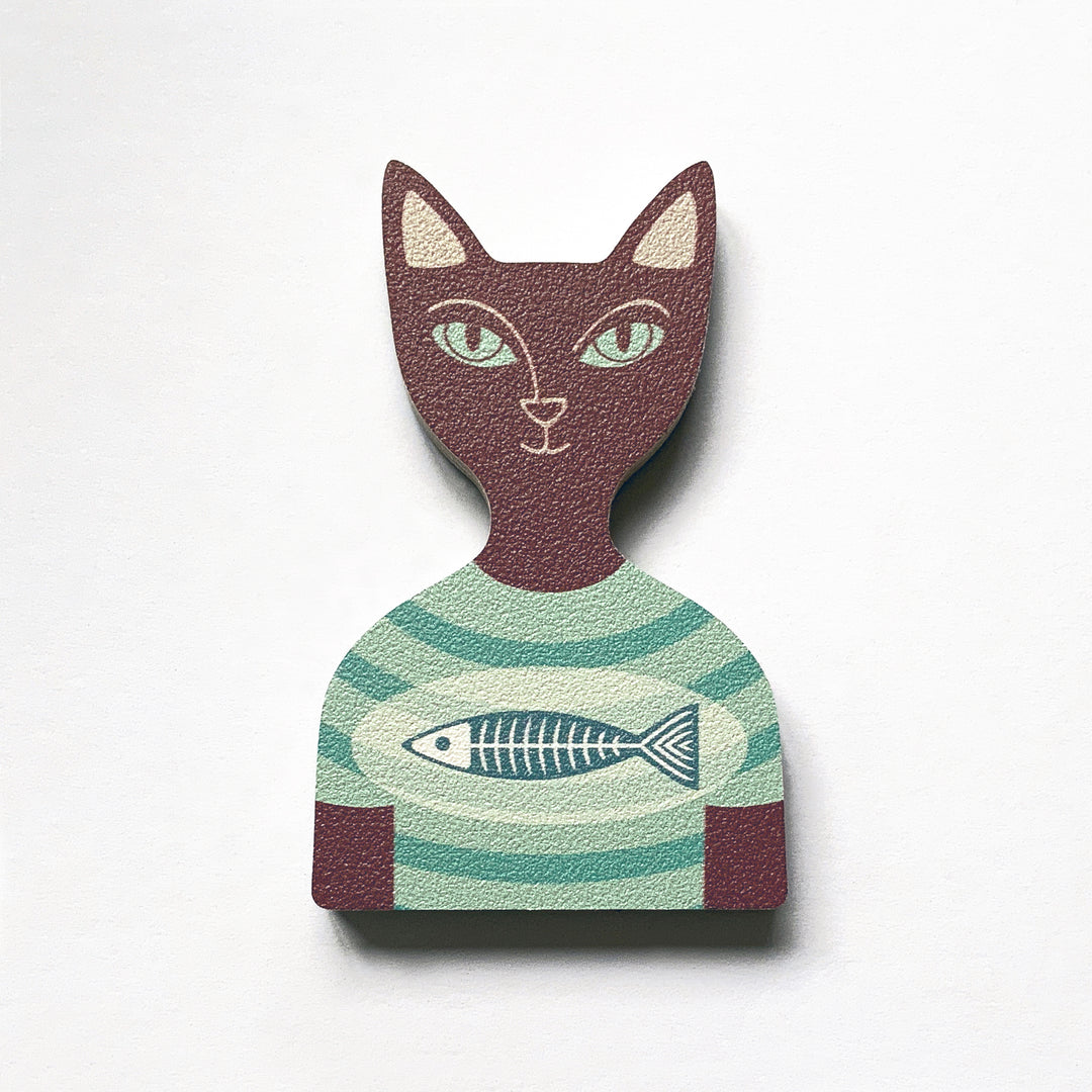 A brown cat in an aqua striped t-shirt design plywood fridge magnet by Beyond the Fridge
