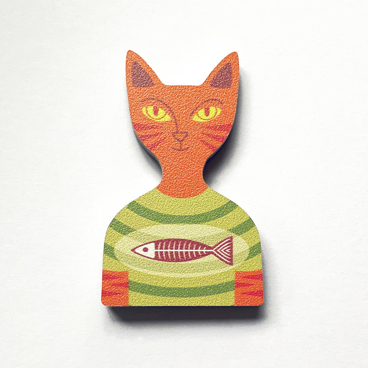 A ginger cat in a green striped t-shirt design plywood fridge magnet by Beyond the Fridge