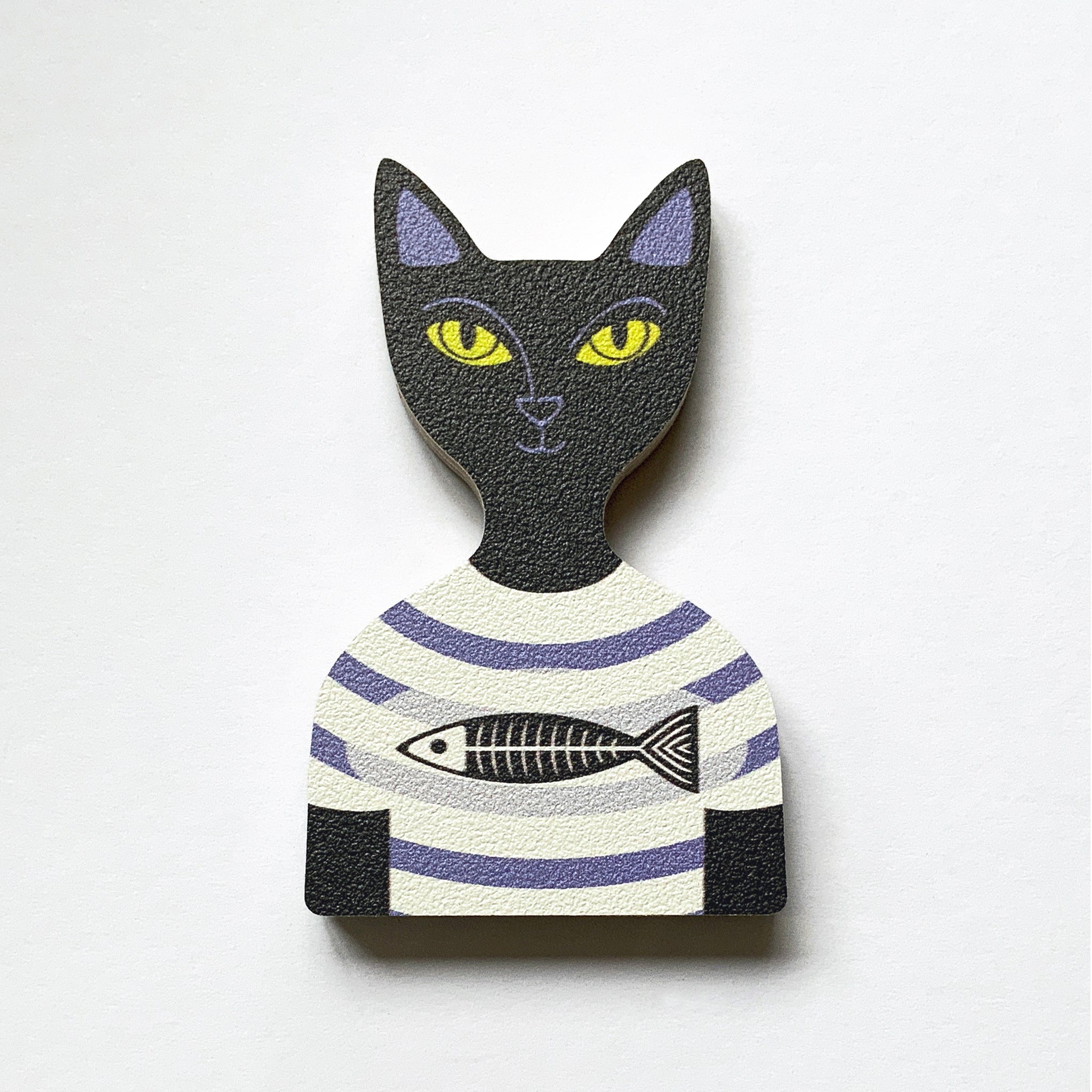 A black cat in a mauve and white striped t-shirt design plywood fridge magnet by Beyond the Fridge