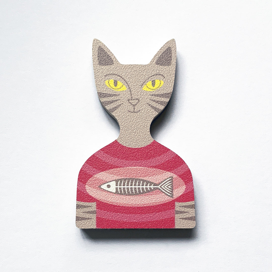 A tabby cat in a pink t-shirt shaped plywood fridge magnet by Beyond the Fridge