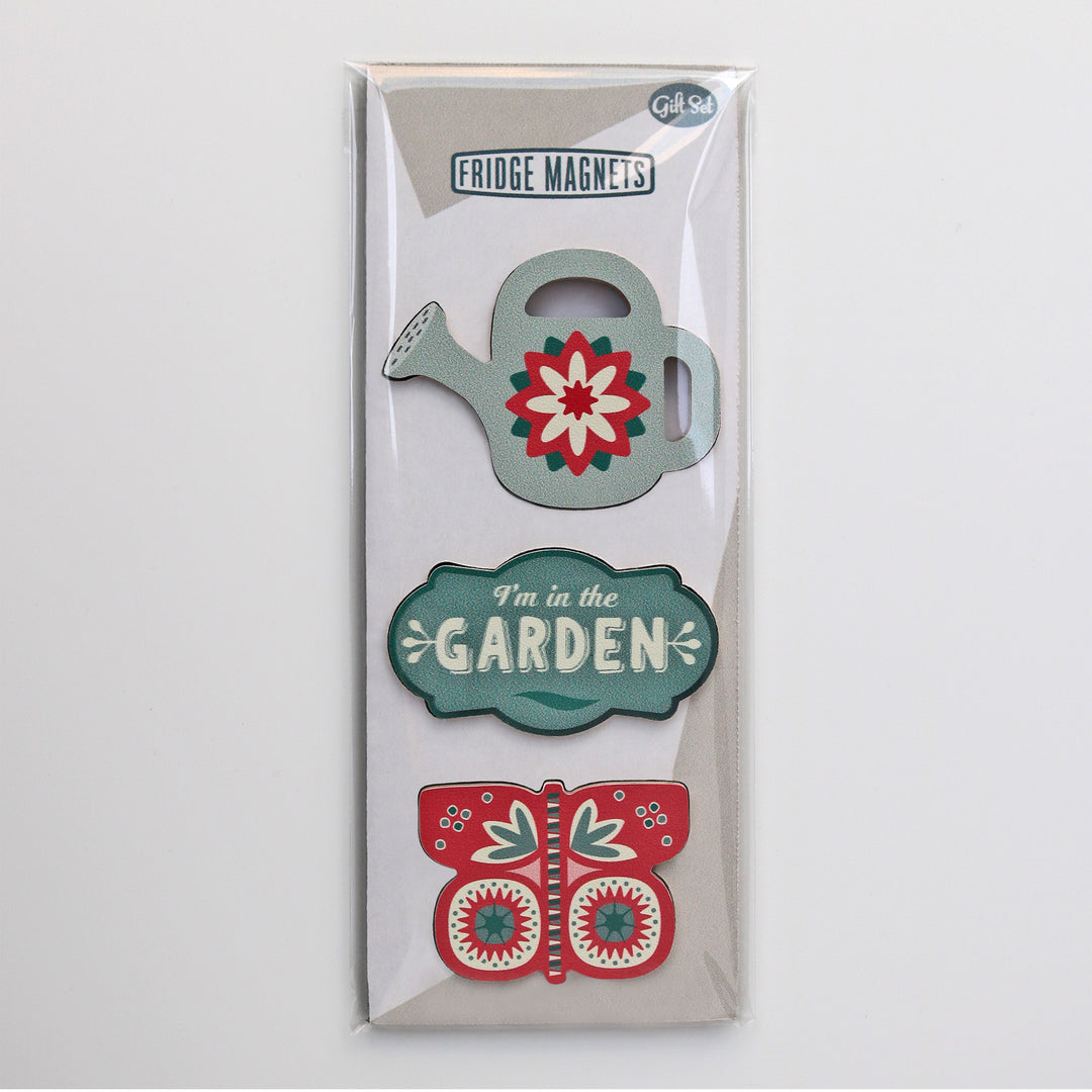 A gift set of three Fridge Magnets for gardeners with watering can, I'm in the garden vintage label and butterfly magnets - by Beyond the Fridge